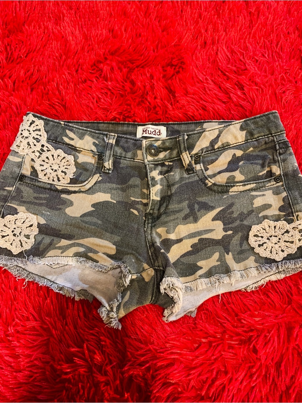 Mudd Women's Olive Camo Crochet Denim Shorts Size 9